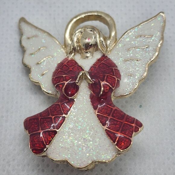 Vintage White, Red, & Gold Angel Brooch - Picture 2 of 3